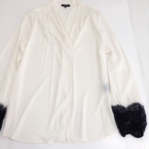 Kobi White Carla Sheer Long Sleeve V-Neck Colorblock Lace Trim Blouse XS - Picture 2 of 7